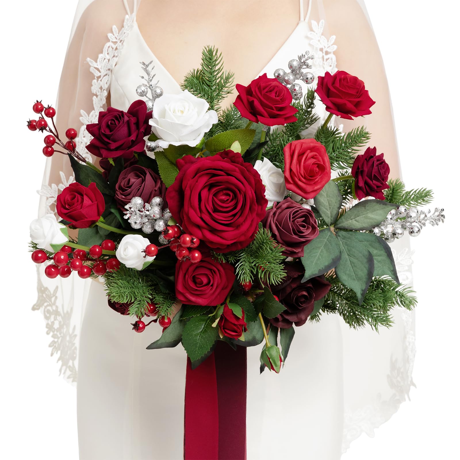 Ling's moment Christmas Red Wedding Bouquets for Bride, Xmas